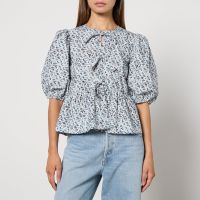 ganni printed cotton-poplin peplum blouse - eu 44uk 16