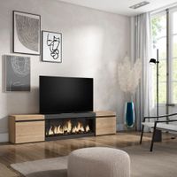 mueble tv efecto madera roble y negro 208x35x45 chimenea efecto fuego