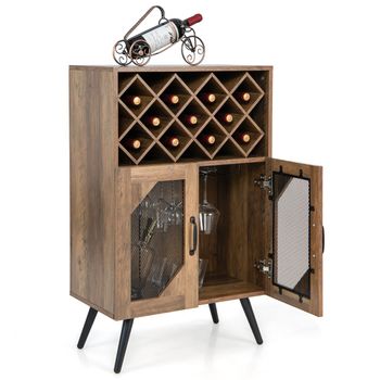 Costway Armario Industrial para Vinos Aparador de Cocina con Soporte para Botellas Extraíble y Portavasos 2 Puertas de Malla para Comedor Salón