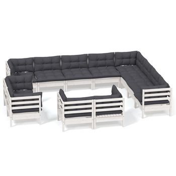 Muebles De Jardín 12 Pzas Y Cojines Blanco Madera Maciza Pino Vidaxl