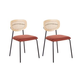 Conjunto De 2 Sillas De Comedor Modernas Trenza Vienesa Respaldo De Ratán Asiento De Poliéster Sin Reposabrazos Patas Negras Naranja Mayetta