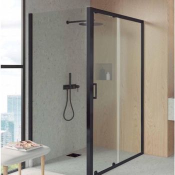 Mampara De Ducha Angular Negro F2 - Anti - Cal 1 Fija + 1 Corredera + Lateral Fijo - 80x150cm