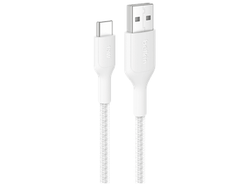 Cable USB - Belkin CAB022, 1 m, USB-A a USB-C, 15W, Trenzado, Blanco