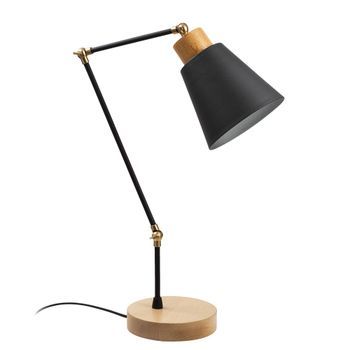 Lámpara De Mesa Manavgat-n-590 Roble Negro Metal Madera Diámetro 14x52 Cm