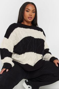 Yours Jersey De Punto Trenzado De Rayas Negras Y Crema, Mujer Curvy Y Tallas Grandes, Yours