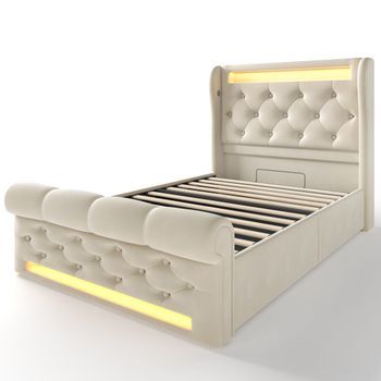 Cama Individual De Terciopelo Beige 90 X 200 Cm Con Canapé Elevable, Led Y Usb-c
