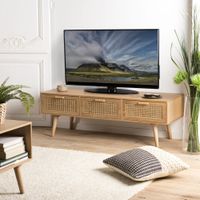 mueble tv con 3 cajones de madera y rejilla