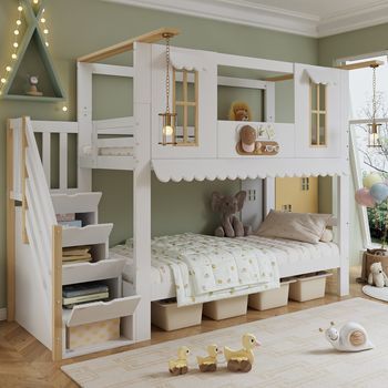 Cama Loft Para Niño Con Escalera De Almacenamiento Y Decoración Colgante, Estructura De Pino Y Mdf, Blanca Y Natural, 90x200 Cm