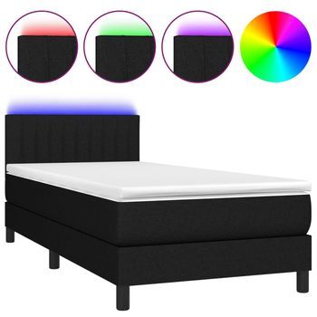 Cama Para Adultos | Cama Box Spring Colchón Y Luces Led Tela Negro 90x200 Cm