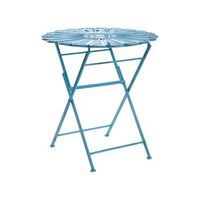 mesa de balcon exterior tablero redondo de metal con efecto desgastado azul pavia