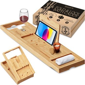 Bandeja Para Bañera Serenelife, Plegable Y Extensible De 76 Cm A 109 Cm, Ajustable, Con Soporte Para Vino, Libro, Móvil Y Tablet, Almacenamiento Fácil, Marrón, Slbcad105fl