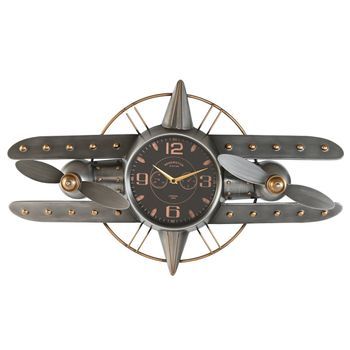 Reloj Pared Metal 77,5x15x46 Avion Plateado