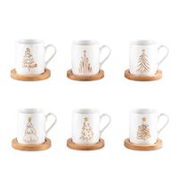 tazas de cafe de arbol con platos de madera - set de 6