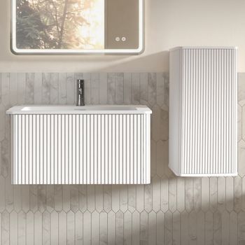 Conjunto De Baño Blanco De 80 Cm Con Lavabo Suspendido Y Mueble Auxiliar