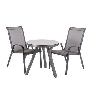 Conjunto De Mesas Y Sillas De Jardín, Redonda 70 Cm, Cristal Templado, Color Antracita + 2 Sillones Aluminio