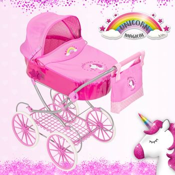 Carro de muñeca. Carrito de muñecas clásico Unicornio, de color rosa (9493) Incluye capazo con capota y cubre capazo, cesta portaobjetos y bolso. Plegable y fácil de montar, Calidad al mejor precio.