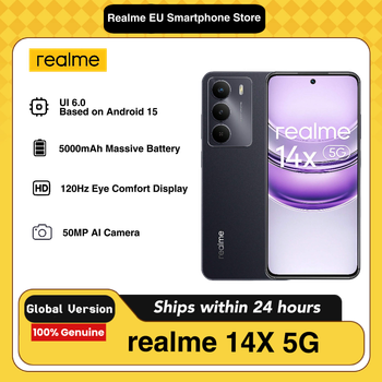 realme 14X 5G AI Phone, 6+128GB/8+256GB, Versión Global, Android 15, Procesador Mediatek Dimensity 6300, Batería Grande de 5000mAh, Sin Adaptador de Carga