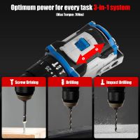 taladro atornillador de impacto inalambrico 3 en 1 sin escobillas ajuste de torque 251 velocidad variable con luz de trabajo led automatica torque maximo de 70nm compatible con baterias de litio