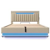 cama doble 140x200 cm lino led cabecero pie app control remoto usb tipo c hidraulica almacenamiento beige