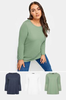 Yours Juego 3 Tops Lisos Manga Larga: Verde, Azul Y Blanco, Mujer Curvy Y Tallas Grandes, Yours