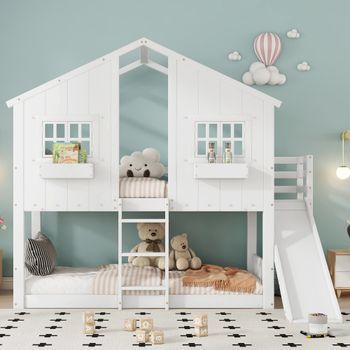 Cama Litera Tipo Cabaña Para Niños Con Tobogán, Techo Y Ventana, Barrera De Seguridad, Escalera De 3 Peldaños, Pino+mdf, Blanco, 90x200cm