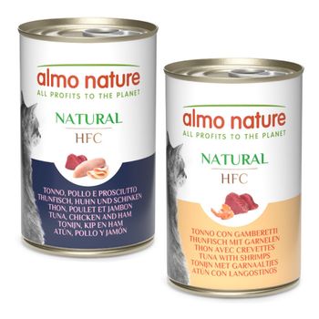 Almo Nature HFC 12 x 140 g - Pack Ahorro - Pack mixto: Atún, pollo y jamón cocida y Atún con gambas