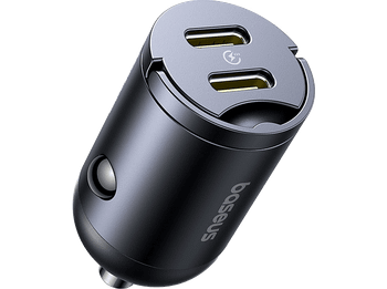 Cargador coche - Baseus Tiny Star Mini, 30W, 2x Tipo-C, Carga rápida, Multidispositivo, Con pestaña de extracción, Universal, Negro Cosmic