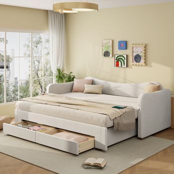 Cama Nido De 90/180 X 200 Cm Con 2 Cajones - Puertos Usb Y Usb-c - Somier De Láminas Incluido - Terciopelo - Beige (colchón No Incluido)