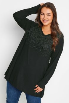 Yours Top Largo Negro De Pico Con Tachas, Mujer Curvy Y Tallas Grandes, Yours