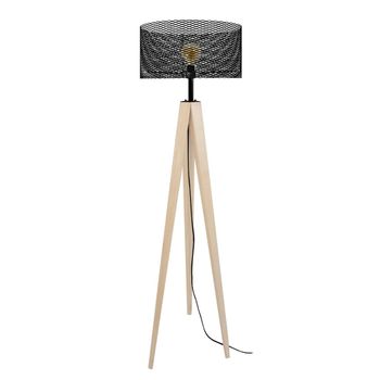 Lámpara de pie trípode madera natural pantalla metal negro
