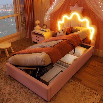 Cama Con Canapé De 90 X 200 Cm Con Cabecero Regulable En Forma De Corona - Piel Sintética - Led - Rosa (sin Colchón)