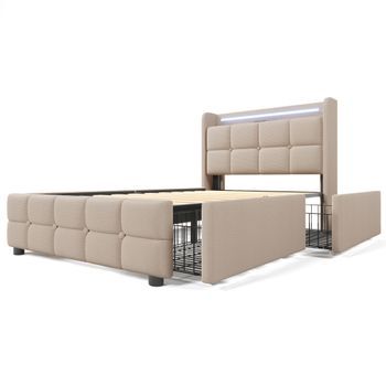 Cama Tapizada 90x200cm - Con Función De Carga Usb, Cabecero Y Luces Led, 2 Cajones - Beige