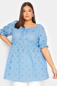 Yours Blusa Azul De Algodón Con Bordados Calados, Mujer Curvy Y Tallas Grandes, Yours