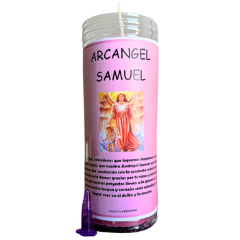 THE BUBBLE SHOP - Velón del Arcángel Samuel para Protección, Ayuda, Paz y Amor Propio y con los demás | Velón de Petición de Chamuel con Aceite Litúrgico y Oración de 3 Días de Duración Aproximada.