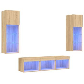 5 Uds Muebles Tv Pared | Mueble De Salón | Armario Tv Con Led Madera Ingeniería Roble Sonoma