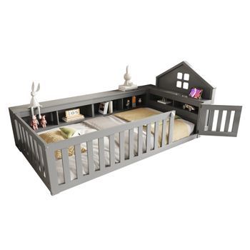 Cama Infantil 90x200 Cm, Madera Maciza Con Lecho De Varillas, Diseño De Techo Con Ventana, Estantes De Almacenamiento Y Puerta De Seguridad, Barandas Altas Dobles, Color Gris, Ideal Para Niños, Estable Y Duradero