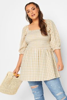 Yours Blusa Canela Fruncida Con Cuadros Vichy, Mujer Curvy Y Tallas Grandes, Yours