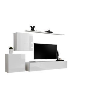 Conjunto De Muebles De Salón Mural Switch V Diseño, Color Blanco Brillante.