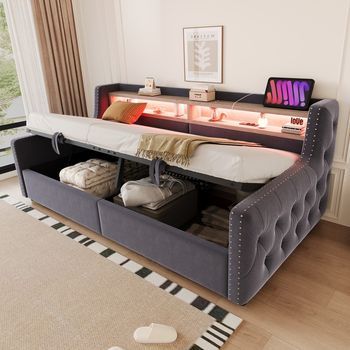 Cama Sofá Acolchada Con Almacenamiento Hidráulico, Somier De Lamas, Iluminación Led, Toma Usb Y Estante, 90x200 Cm, Gris Oscuro