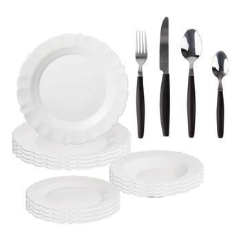 Juego De Vajilla De 24pzs Blanco + Set De 32pzs De Cubertería