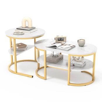 Mesa De Centro Dorada 100x46x41cm Set De 2 Mesas Nido Con Almacenaje Metal Y Efecto Mármol