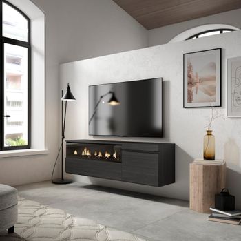 Mueble tv efecto madera negro 150x35x45cm chimenea efecto fuego