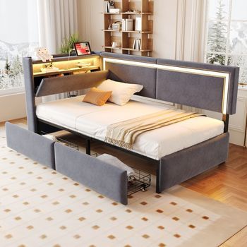 Sofá-cama Tapizado Con Iluminación Led Y Puertos Usb 90x200 Cm, Cajón De Almacenamiento Y Cabecero Abatible, Terciopelo Gris Oscuro