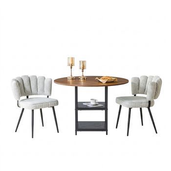 Conjunto De Comedor, Juego De Comedor Redondo 107 Cm Con Estantes, 2 Sillas De Comedor Tela Bouclé, Mesa De Comedor Efecto Nogal, Metal Y Mdf, Nogal Y Gris Crema