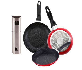 Set de 3 sartenes san ignacio con revestimiento en mármol ø16 cm ø20 cm ø24 cm+pulverizador de aceite y vinagre ø4x17,5cm en acero inoxidable