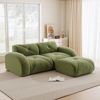 Sofá Modular 2 Plazas Con Pouf, Espuma 32d Alta Densidad, Tela Chenilla Suave Y Antideslizante Verde Apta Para Mascotas