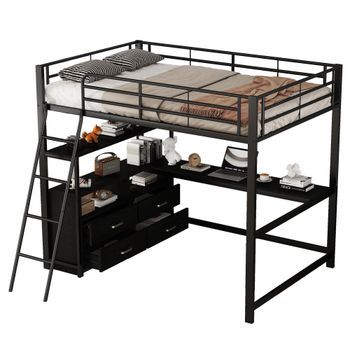 Cama Alta De 140 X 200 Cm Con Escritorio Esquinero En L Y 4 Cajones - Metal - Negro (sin Colchón)