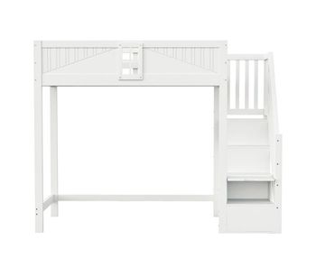Cama alta madera maciza 90 x 200 cm - puerta de seguridad con ventana, escalera lateral con estantes intercambiable - blanco