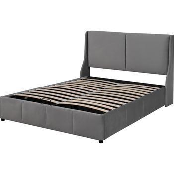 Cama Tapizada Gris 140x190 Con Cabecero Orejero Y Arcón Hidráulico