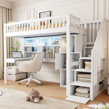 Cama Alta 90x200 Cm Con Escritorio, Compartimentos De Almacenaje Y Estantes - Leds - Pino + Mdf - Blanco (sin Colchón)